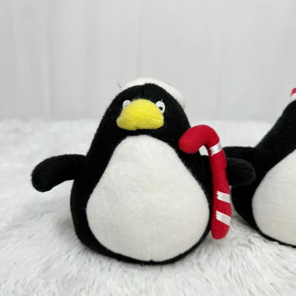 Christmas Penguin Candy Cane Studded Plush Decor Set Of 2 5” Tall